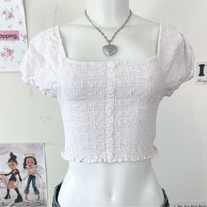 Y2K White Eyelet Smocked Crop Top Puff Sleeve — Fairy Coquette